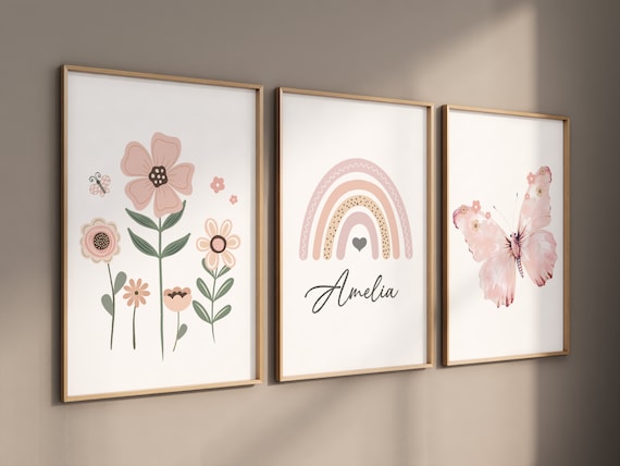 Flower nursery, rainbow nursery, butterfly print, Girl bedroom art, name print, girls room decor, blush nursery, baby girl wall art