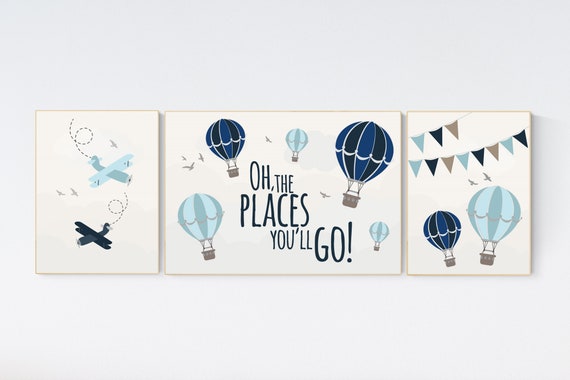 Nursery decor gender neutral, adventure nursery, adventure awaits, navy blue, beige, neutral colors, plane nursery, hot air balloon