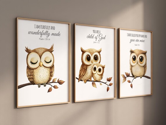 Owl wall art, owl nursery decor, cute owl prints, neutral gender nursery art, Owl wall art, owl prints, bible verse, christian art