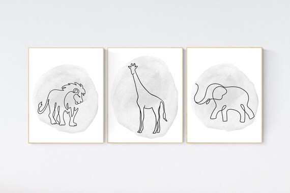 Nursery wall art animals, line art, animal nursery, gender neutral nursery, neutral nursery, grey nursery, lion, elephant, giraffe