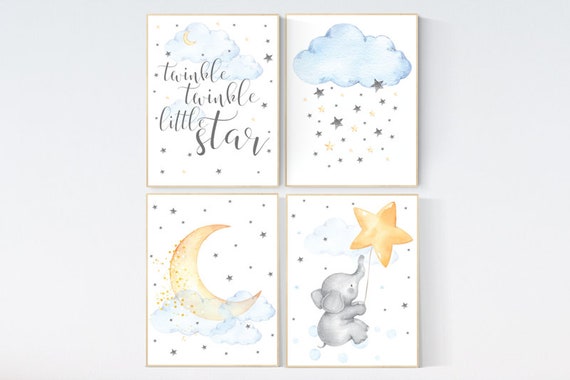 Nursery decor elephant, moon nursery decor, Nursery decor neutral, moon and stars nursery moon nursery, gender neutral, twins, unisex, stars