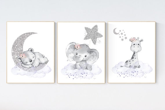 Animal nursery, nursery decor girl purple silver, nursery decor girl woodland animals, teddy bear, elephant, giraffe, nursery prints girl