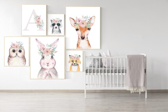 Woodland animals nursery, woodland nursery decor girl, animal prints for nursery girl, bunny print for girls nursery, Woodland Nursery Art