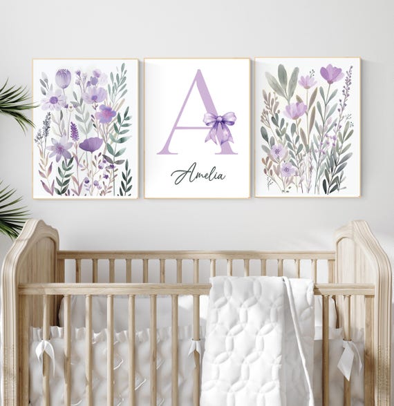 Lavender Floral Nursery Wall Art Set of 3 | Personalized Baby Girl Initial Print | Boho Purple Flower Name Artwork for Nursery Decor