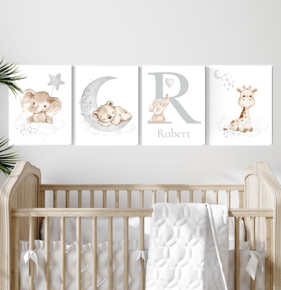 Nursery wall art animals, gray nursery, gender neutral nursery, neutral nursery, baby room decor, bear, elephant, giraffe, animal prints