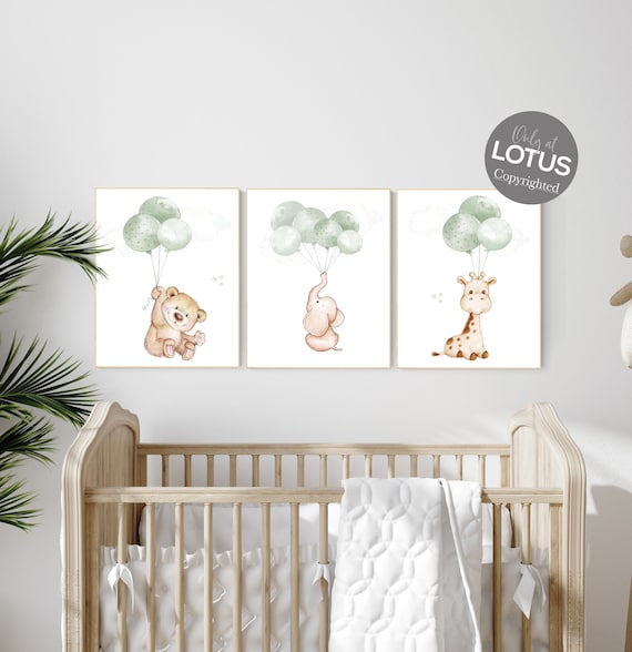 Nursery wall art animals, green nursery, gender neutral nursery, sage green, baby room decor, bear, elephant, giraffe, animal prints