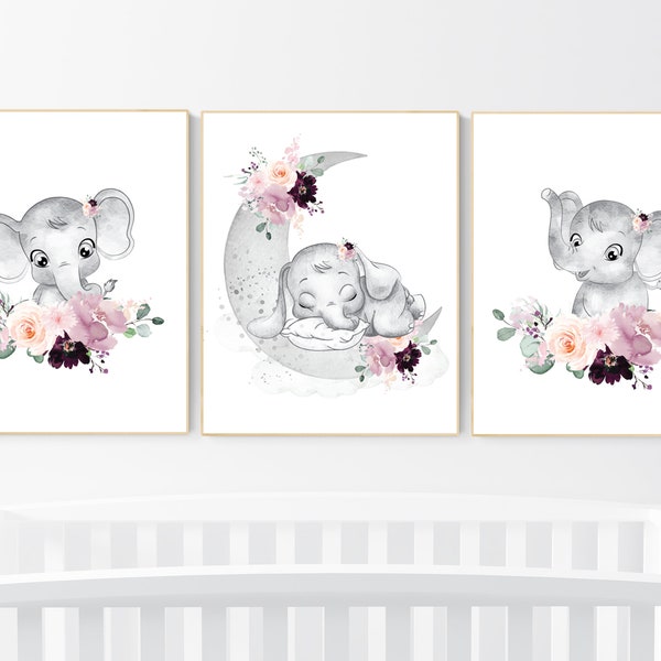 Elephant nursery, mauve, Burgundy, floral nursery, flower nursery, butterfly, nursery prints girl, nursery wall decor girl, flower nursery