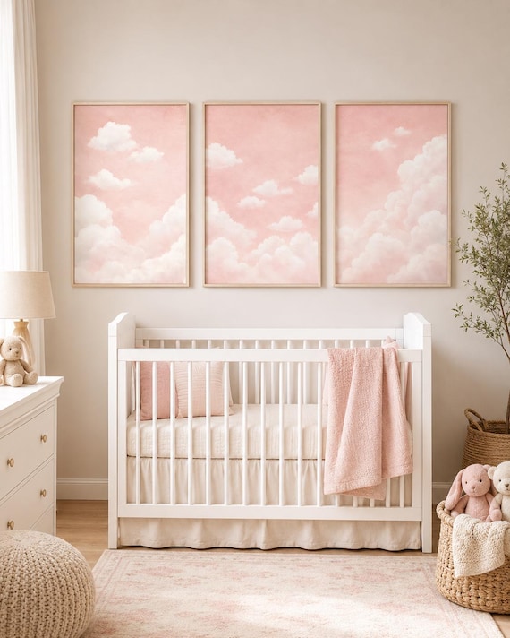 Pink Cloud Nursery Wall Art Set of 3, Blush Sky Prints, Baby Girl Nursery Decor