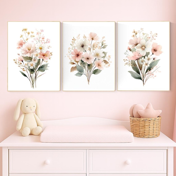 Blush Floral Nursery Wall Art | Boho Flower Bouquet Print | Pink Neutral Baby Girl Room Decor | Botanical Watercolor Artwork