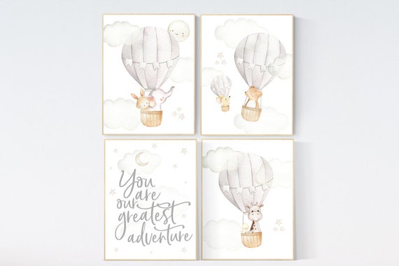 Nursery decor neutral, You are our greatest adventure print, gender neutral nursery, gray nursery, hot air balloon nursery, beige nursery