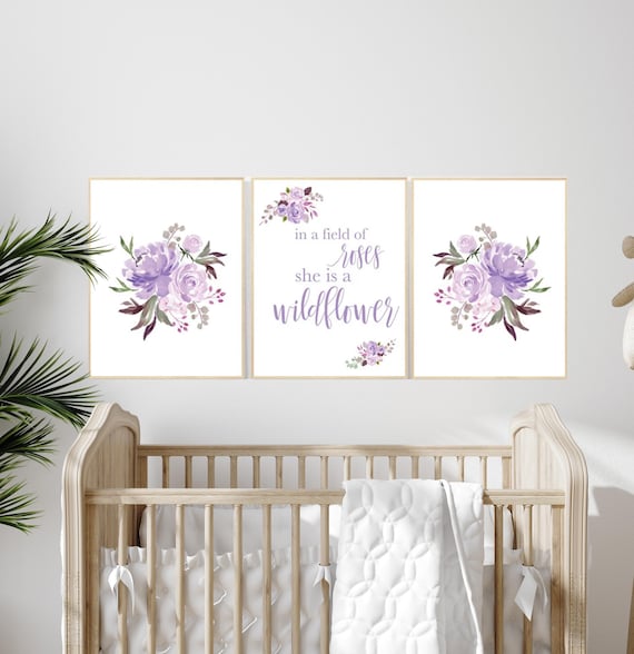 Purple Floral Nursery Wall Art, Wildflower Quote Print, In a Field of Roses She is a Wildflower, Boho Girl Room Decor, Watercolor Flowers