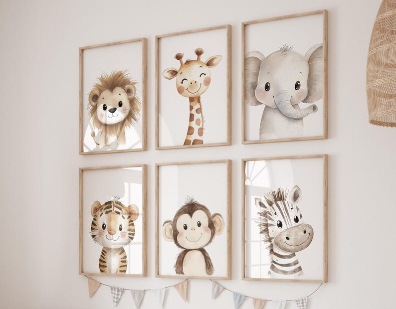 May include: Set of six watercolour animal illustrations in brown frames. The animals include a lion, giraffe, elephant, tiger, monkey, and zebra.
