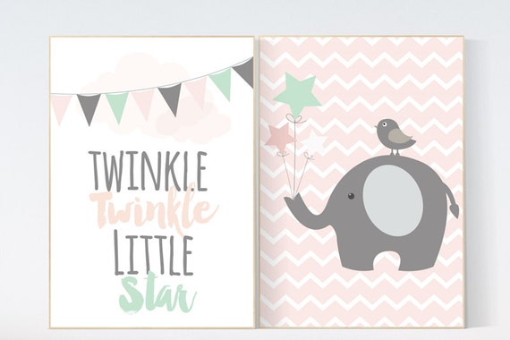 Twinkle Twinkle Little Star, elephant nursery decor, Baby girl nursery decor, coral mint nursery decor, girls room wall art, coral mint
