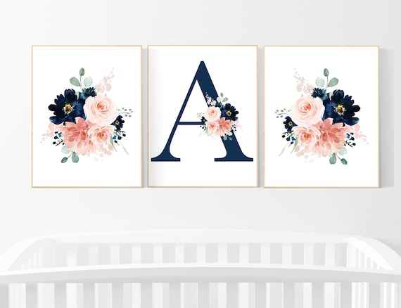 Blush navy flowers, nursery decor girl flower, nursery decor girl floral, blush and navy, navy and blush pink, girl nursery, name nursery