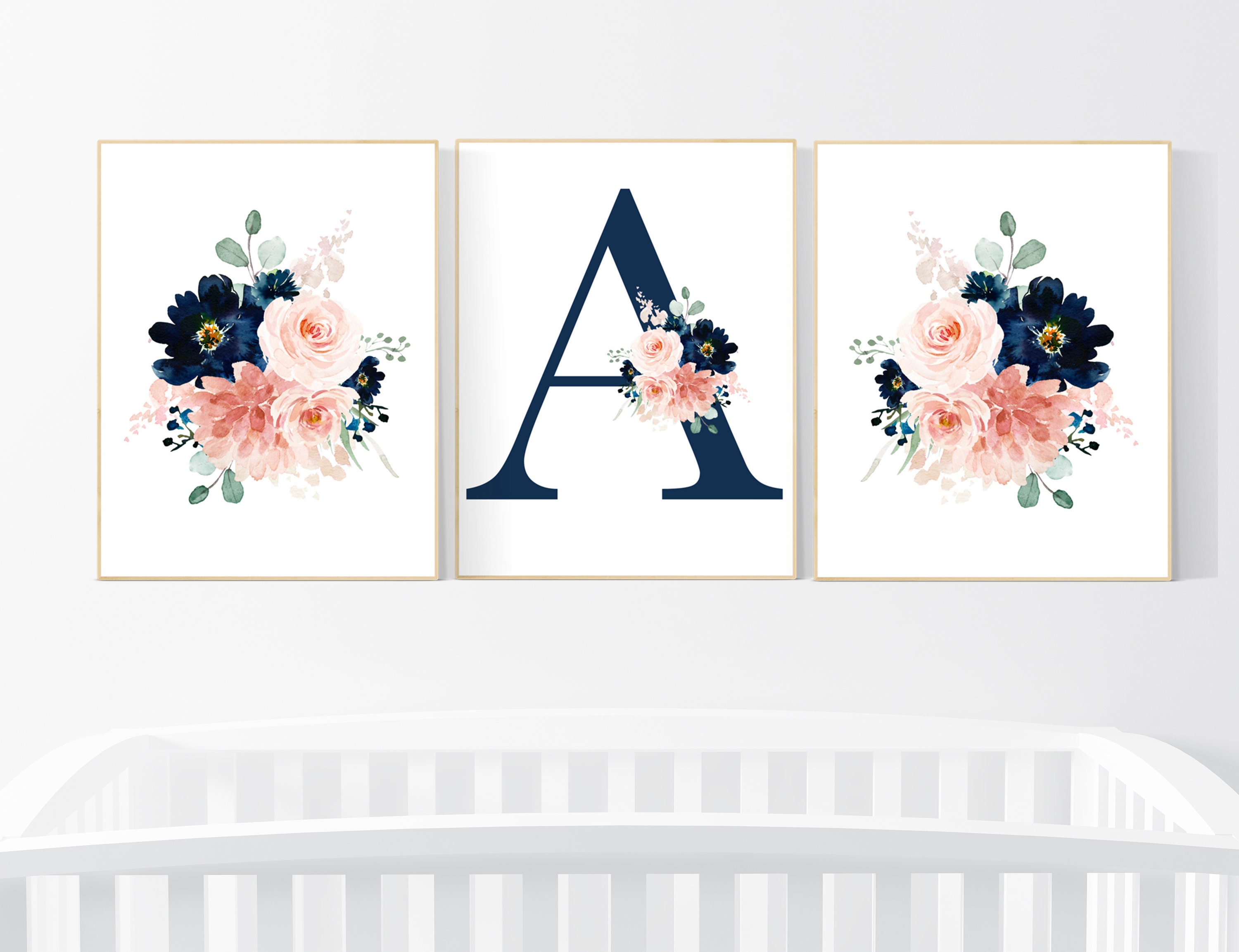 Blush Navy Flowers Nursery Decor Girl Flower Nursery Decor Girl Floral Blush and Navy Navy and Blush Pink Girl Nursery Name Nursery Etsy