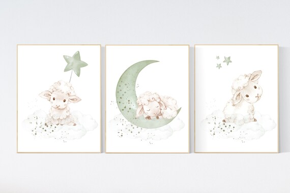 Mint nursery decor, nursery decor lambs, Sheep nursery decor, nursery wall art sheep, gender neutral nursery, cloud and star, mint green