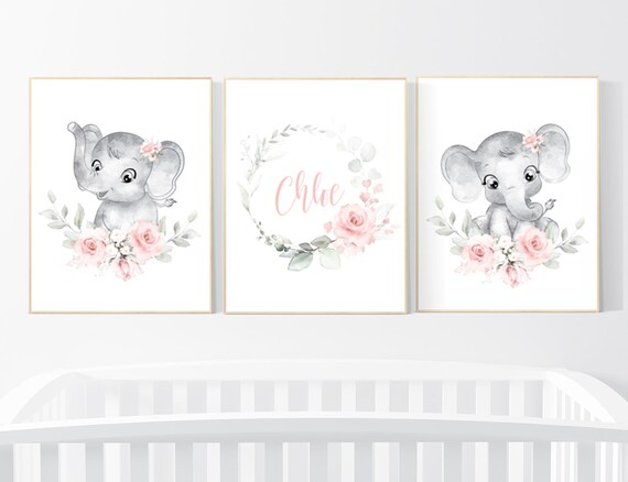 Nursery decor girl flower, blush, elephant nursery wall art, nursery decor girl floral, nursery decor girl woodland, floral nursery, boho