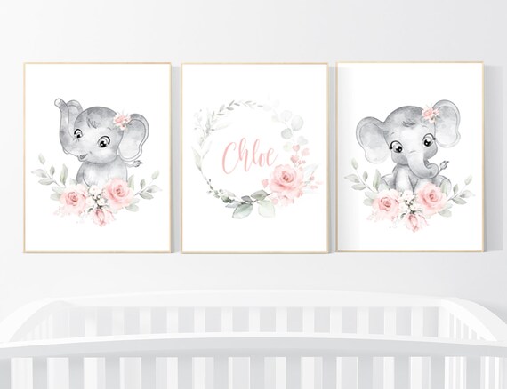 Nursery decor girl flower, blush, elephant nursery wall art, nursery decor girl floral, nursery decor girl woodland, floral nursery, boho