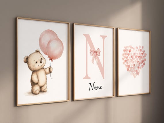 Blush Pink Bear Balloon Nursery Wall Art Set, Baby Girl Name Print, Personalized Initial, Heart Art for Girl's Room Decor