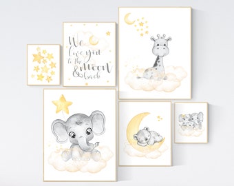 Elephant Giraffe Nursery Print Set, Yellow Grey, Neutral Decor
