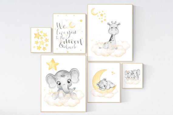 Nursery decor neutral, Yellow nursery, nursery wall art elephant, giraffe nursery, gender neutral, yellow and grey nursery, baby room art