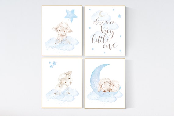 Sheep nursery decor, blue grey nursery, nursery decor lambs, nursery wall art sheep, moon and cloud wall art nursery, gray blue, nursery art