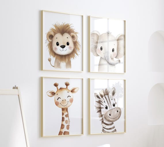 Safari Nursery Wall Art – Lion, Elephant, Giraffe, Zebra Prints – Set of 4 Jungle Animal Posters – Neutral Baby Room Safari Decor