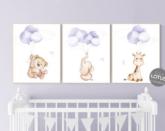 Paarse kinderkamerprints: babydieren met ballonnen