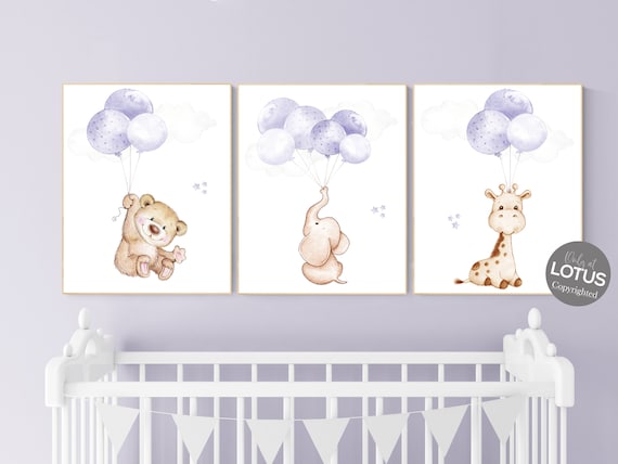 Nursery decor girl purple, purple nursery, animal prints, , lavender nursery, lilac nursery, elephant nursery, balloon nursery, bear nursery