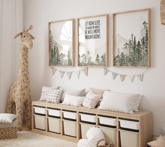 Nursery decor woodland, mountain wall art, tree nursery decor, adventure theme nursery, forest, sage green, beige, woodland animals