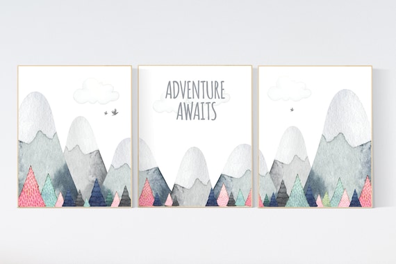 Nursery decor girl mountain, adventure nursery, adventure theme nursery, woodland, gender neutral, adventure awaits, mountains, forest