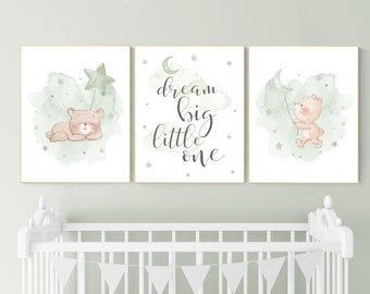 Sage Green Bear Nursery Decor Prints: Gender Neutral Baby Room