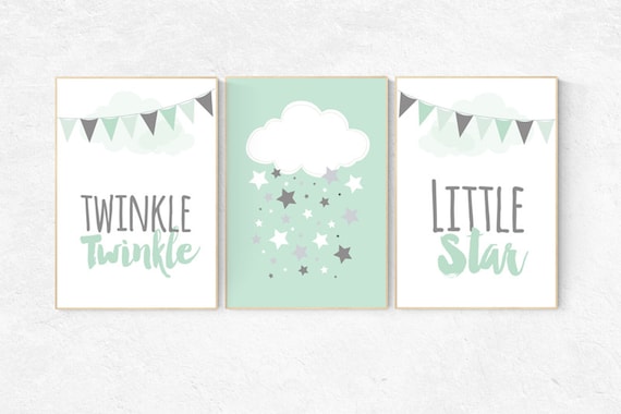 Twinkle Twinkle Little Star, Mint nursery decor, cloud nursery, cloud nursery, gender neutral baby, new baby gift, mint gray, mint gray