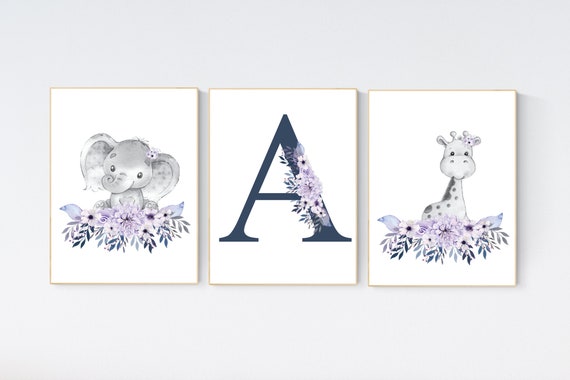 Boho nursery, navy and lilac, purple navy, elephant and giraffe, nursery decor girl purple, nursery decor girl floral, lavender navy
