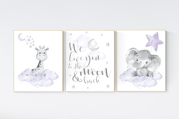 Girls room decor, Nursery decor girl lavender and gray, nursery decor girl purple, Elephant and giraffe, we love you to the moon and back