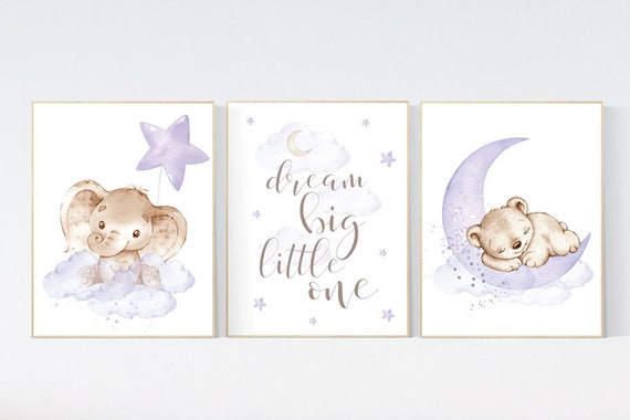 Animal nursery, Purple nursery decor, elephant, giraffe, bunny, woodland animals, lilac nursery decor, lavender, girl nursery, moon stars