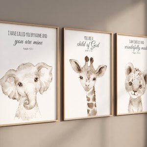 Nursery wall art animals, gray nursery, gender neutral, neutral nursery, verse nursery, bible verse, bear, elephant, giraffe, animal prints