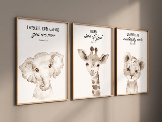 Nursery wall art animals, gray nursery, gender neutral, neutral nursery, verse nursery, bible verse, bear, elephant, giraffe, animal prints