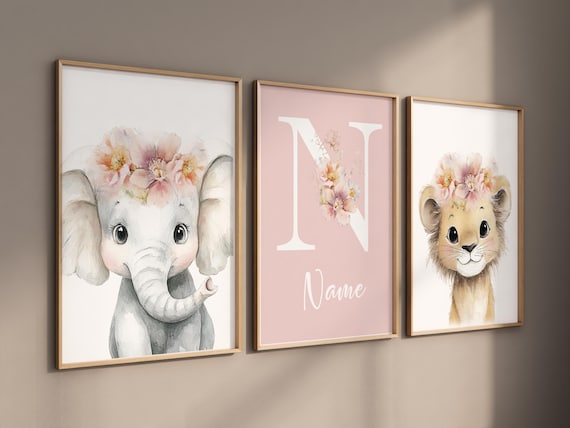 Personalized Safari Nursery Wall Art Set of 3, Elephant and Lion