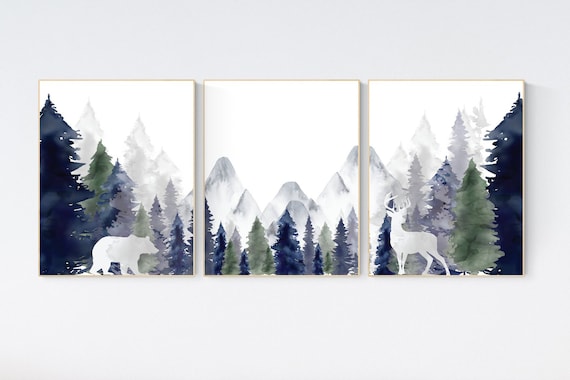 Woodland Nursery Prints, Mountain Print, sage nursery, nursery decor boy mountain, adventure theme nursery, forest, woodland animals