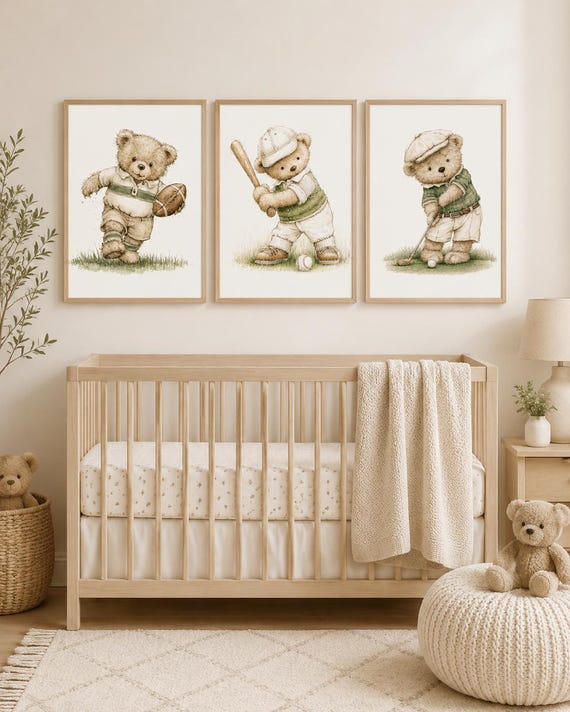 Sports Teddy Bear Nursery Wall Art Set of 3, Boy Nursery Prints