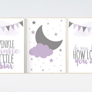 Purple nursery decor, Twinkle Twinkle Little Star, nursery decor star, baby girl nursery wall art, new baby gift, purple grey, moon and star
