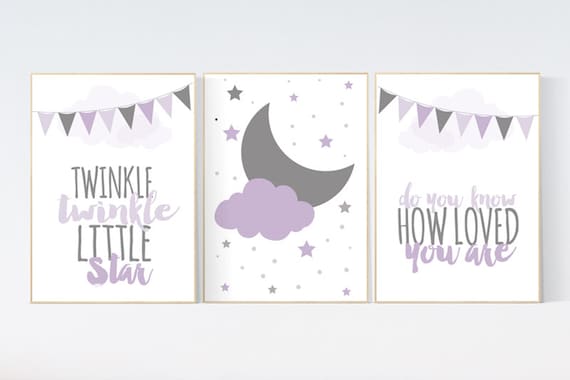 Purple nursery decor, Twinkle Twinkle Little Star, nursery decor star, baby girl nursery wall art, new baby gift, purple grey, moon and star