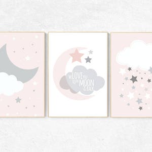 We love you to the moon and back, pink nursery art, star nursery decor, nursery decor, pale pink, moon nursery, baby girl nursery wall art