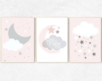 We love you to the moon and back, pink nursery art, star nursery decor, nursery decor, pale pink, moon nursery, baby girl nursery wall art