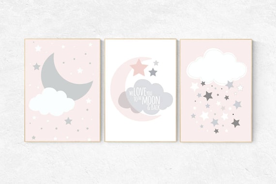 We love you to the moon and back, pink nursery art, star nursery decor, nursery decor, pale pink, moon nursery, baby girl nursery wall art