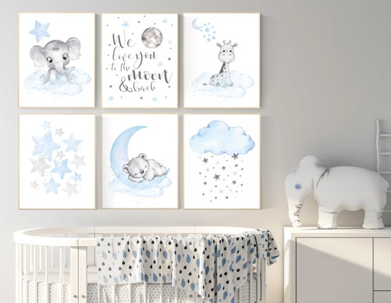 Nursery wall art bear, giraffe, elephant, animal prints, Animal nursery wall art, we love you to the moon and back, blue grey elephant