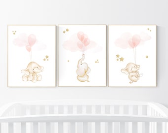 Elephant Nursery Print: Blush Pink & Gold Balloon Wall Art