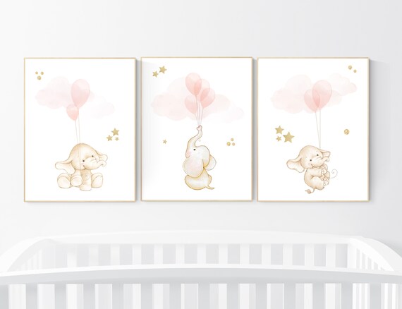 Nursery wall art girl, Blush pink nursery decor, blush gold nursery, nursery decor elephant, peach nursery, blush nursery, animal balloon