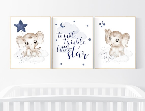 Navy nursery decor, moon and stars, navy blue nursery art. baby room wall art, boy nursery decor, set of 3, nursery prints boy, elephant art